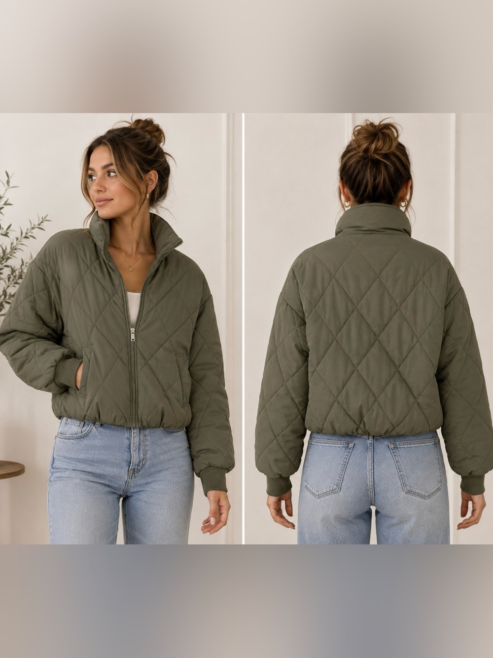 Cisono XL Olive Green Cropped Puffer Jacket Quilted Diamond Sherpa Lined Y2K